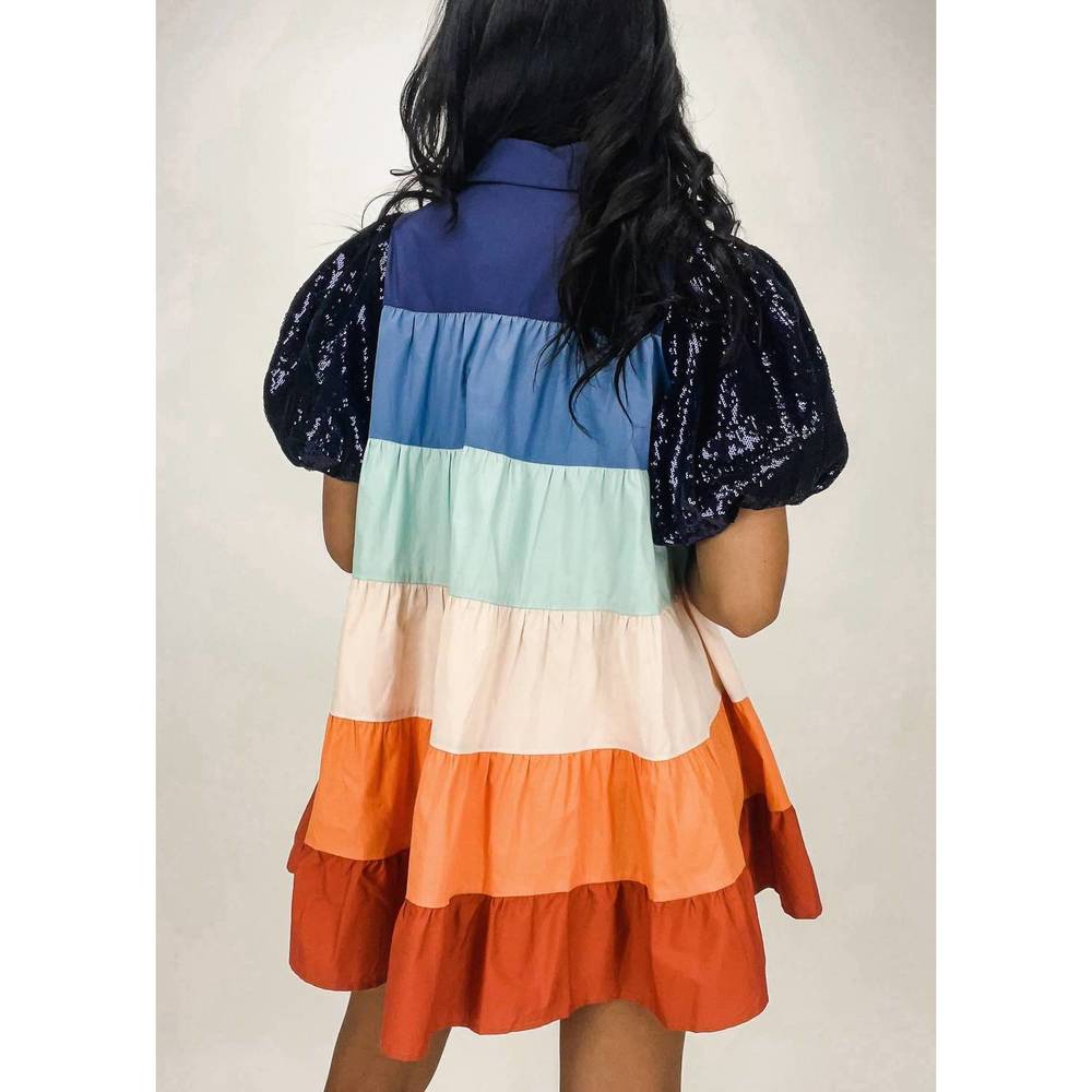 NEW QUEEN OF SPARKLES tiered sequin sleeve dress in navy multi - Picture 2 of 3
